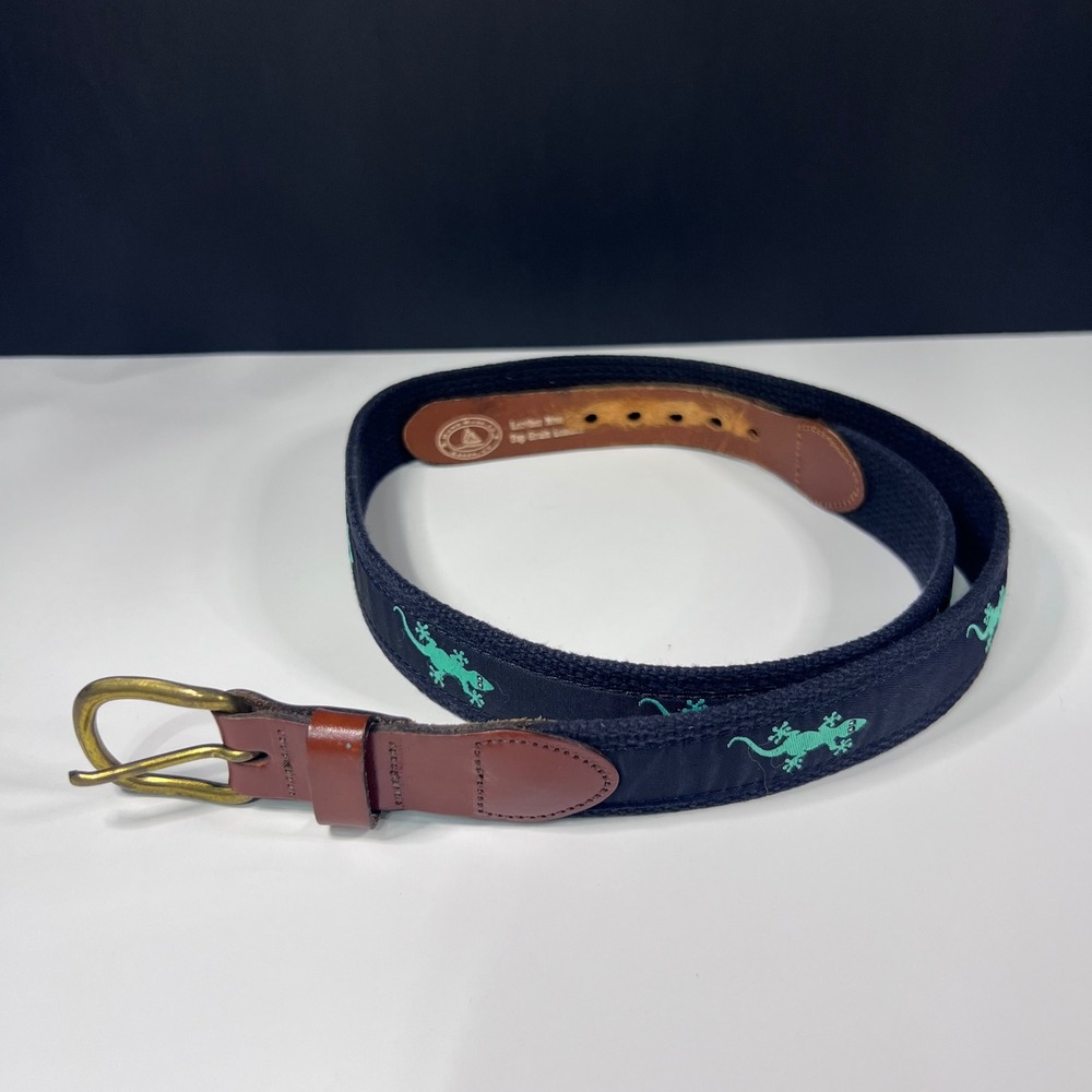 Leather Man Ltd Gecko Lizard Belt Navy Canvas Brown Leather Brass Buckle Size 38